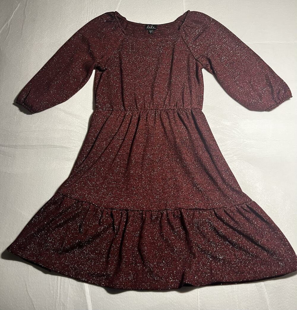 Lilt Girls Size 14 Burgundy Metallic Sparkle Dress Tiered Puff Sleeve Holiday